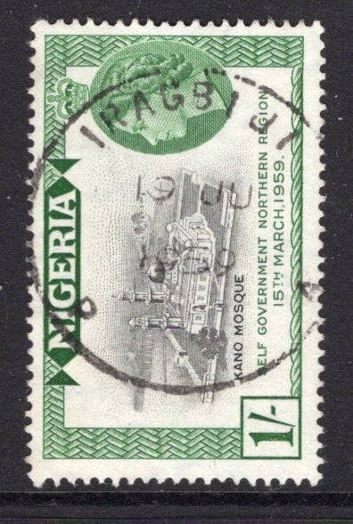 NIGERIA - 1959 - CANCELLATION: 1/- black & green QE2 issue used with good strike of IRAGBIJI P.A. skeleton cds dated 19 JUN 1959. (SG 84)  (NIG/17643)
