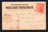 NIGERIA - NIGER COAST PROTECTORATE - 1897 - POSTAL STATIONERY & CANCELLATION: 1d vermilion on buff QV postal stationery card of Great Britain with 'NIGER COAST PROTECTORATE' overprint in black (H&G 3) used with two strikes of WARRI squared circle cds in red. Addressed to UK with 'PAID LIVERPOOL BR PACKET cds in red on front. Card has small repair at top right corner, otherwise attractive & scarce.  (NIG/21802)