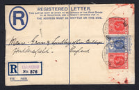 NIGERIA - 1931 - POSTAL STATIONERY & CANCELLATION: 3d blue GV postal stationery registered envelope (H&G C3) used with added 1921 2 x 1d rose carmine GV issue (SG 16) tied by KAFANCHAN cds's with blue & white registration label with 'KAFANCHAN' handstamp in violet alongside. Addressed to UK with APAPA transit cds and UK arrival mark on reverse.  (NIG/21811)