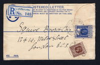 NIGERIA - 1932 - POSTAL STATIONERY & CANCELLATION: 3d blue GV postal stationery registered envelope (H&G C3) used with added 1921 2d chocolate GV issue (SG 20) tied by KAFANCHAN cds's with blue & white registration label with manuscript 'KAFANCHAN' inserted on front. Addressed to UK with APAPA transit cds on reverse.  (NIG/21814)