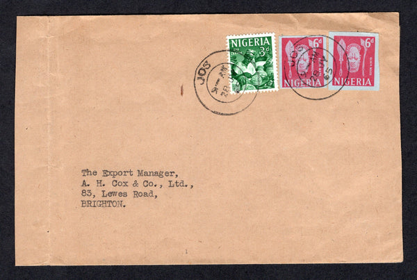 NIGERIA - 1965 - POSTAL STATIONERY CUT OUT: Cover franked with 1961 3d deep green (SG 93) and 2 x 1964 6d red on blue postal stationery airmail lettersheet CUT OUTS (H&G FG12) tied by JOS cds's. Addressed to UK.  (NIG/21819)