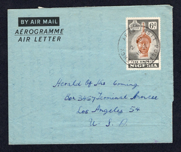 NIGERIA - 1957 - POSTAL STATIONERY & CANCELLATION: 6d dark grey & orange brown on blue postal stationery airletter (H&G FG5) used with fine strike of AFIA NSIT POSTAL AGENCY 'Skeleton' cds. Addressed to USA. Scarce.  (NIG/21820)