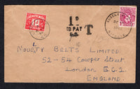 NIGERIA - 1950 - CANCELLATION & POSTAGE DUE: Cover franked with single 1938 1d bright purple GVI issue (SG 50b) tied by fine AGBENI P.A. 'Skeleton' cds. Addressed to UK, taxed with 'T' marking with manuscript '10c' and '1d TO PAY F.B.' marking with added Great Britain 1937 1d carmine 'Postage Due' issue (SG D28) tied by LONDON cds. IBADAN transit cds on reverse.  (NIG/21836)
