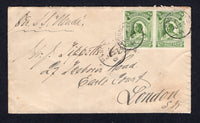 NIGERIA - NIGER COAST PROTECTORATE - 1901 - NIGER COAST PROTECTORATE - CLASSIC ISSUES: Cover franked with pair 1897 ½d green QV issue (SG 66) tied by BONNY RIVER cds's dated JAN 27 1901. Addressed to UK endorsed 'Per S.S. Olenda'. Arrival cds on reverse. Scarce cover.  (NIG/24138)