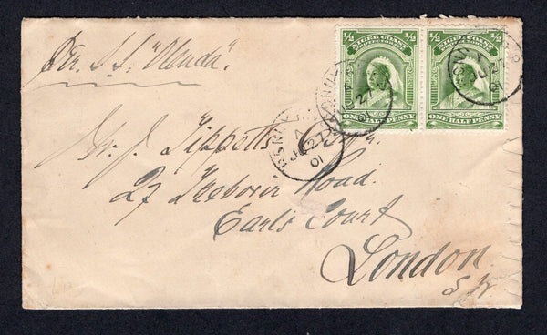 NIGERIA - NIGER COAST PROTECTORATE - 1901 - NIGER COAST PROTECTORATE - CLASSIC ISSUES: Cover franked with pair 1897 ½d green QV issue (SG 66) tied by BONNY RIVER cds's dated JAN 27 1901. Addressed to UK endorsed 'Per S.S. Olenda'. Arrival cds on reverse. Scarce cover.  (NIG/24138)