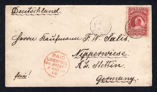 NIGERIA - NIGER COAST PROTECTORATE - 1894 - CLASSIC ISSUES: Cover franked with 1894 2½d carmine lake QV issue (SG 48) tied by OLD CALABAR RIVER cds dated FEB 6 1894 with additional strike alongside. Addressed to GERMANY with red 'PAID LIVERPOOL PACKET cds on front. Scarce cover.  (NIG/24793)
