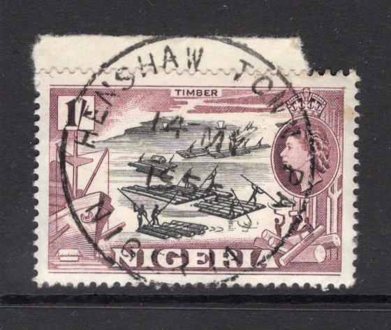 NIGERIA - 1953 - CANCELLATION: 1/- black & maroon QE2 issue superb used with complete strike of HENSHAW TOWN PA 'Skeleton' cds dated 14 MAY 1955. (SG 76)  (NIG/25943)