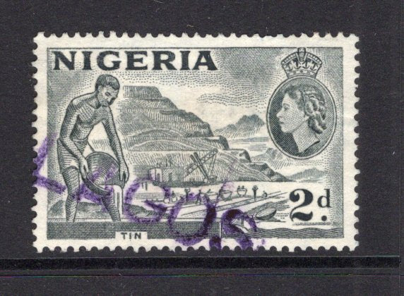 NIGERIA - 1953 - CANCELLATION: 2d grey QE2 issue fine used with good strike of straight line 'LAGOS' cancel in purple. Very scarce, unlisted in Proud. (SG 72f)  (NIG/25948)