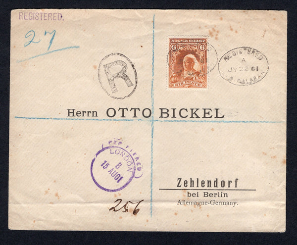 NIGERIA - NIGER COAST PROTECTORATE - 1901 - REGISTRATION: Registered cover franked with single 1897 6d yellow brown QV issue (SG 71) tied by oval REGISTERED OLD CALABAR cancels with large 'R' in oval alongside. Addressed to GERMANY with LONDON transit cds on front and German arrival cds on reverse. Cover has a couple of light tone spots but otherwise scarce.  (NIG/26264)