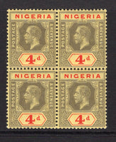 NIGERIA - 1914 - MULTIPLE: 4d black & red on yellow GV issue with white back, a fine mint block of four. (SG 6)  (NIG/26314)