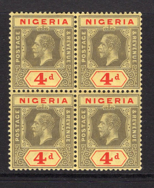 NIGERIA - 1914 - MULTIPLE: 4d black & red on yellow GV issue with white back, a fine mint block of four. (SG 6)  (NIG/26314)