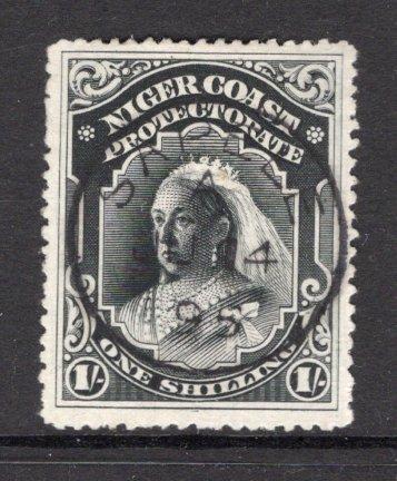 NIGERIA - NIGER COAST PROTECTORATE - 1894 - QV ISSUE: 1/- black QV issue, perf 14½-15, a superb used copy with central SAPELE cds dated JUN 14 1895. (SG 56)  (NIG/26446)