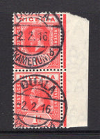 NIGERIA - 1916 - CANCELLATION: 1d scarlet GV issue, a fine marginal pair used with two complete strikes of German DUALA (KAMEROUN) cds dated 2. 2. 16, provisional use just after the British occupation. Unusual. (SG 2a)  (NIG/26963)