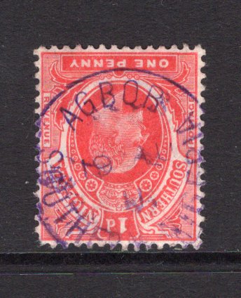 NIGERIA - SOUTHERN NIGERIA - 1911 - CANCELLATION: 1d carmine EVII issue superb used with central strike of AGBOR SOUTHERN NIGERIA cds in bright violet dated 19 AUG 1911. The earliest know strike of this cancel is 5 AUG 1911 and it has not been recorded in violet. Rare. (SG 34)  (NIG/28906)
