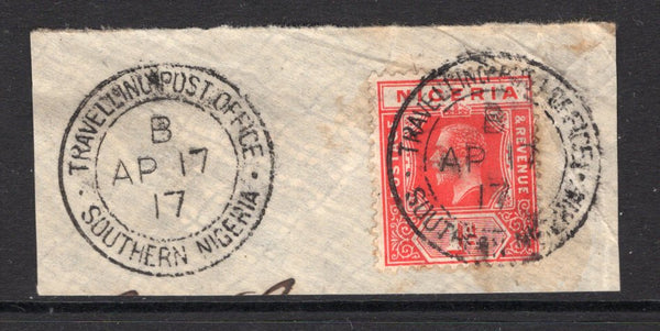 NIGERIA - SOUTHERN NIGERIA - 1912 - SOUTHERN NIGERIA - TRAVELLING POST OFFICES & CANCELLATION: 1d carmine red GV issue tied on piece by two fine strikes of TRAVELLING POST OFFICE B SOUTHERN NIGERIA cds dated APR 17 1917 used on the IBADAN - JEBBA route. (SG 2)  (NIG/28911)