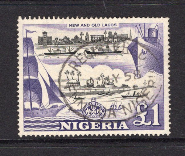 NIGERIA - 1953 - QE2 ISSUE & CANCELLATION: £1 black & violet QE2 issue used with fine complete strike of oval REGISTERED FUNTUA cancel dated 9 JUL 1958. (SG 80)  (NIG/34820)