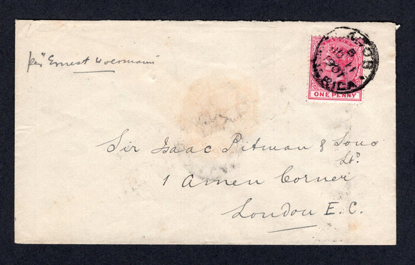 NIGERIA - 1901 - LAGOS - QV ISSUE: Cover with manuscript 'Per Ernest Woermann' ship endorsement on front franked with single 1884 1d rose carmine QV issue (SG 22) tied by LAGOS cds dated JUN 11 1901. Addressed to UK with fine strike of PLYMOUTH SHIP LETTER transit mark on reverse with LONDON arrival cds alongside.  (NIG/37180)