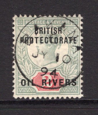 NIGERIA - OIL RIVERS PROTECTORATE - 1892 - CANCELLATION: 2d grey green & carmine QV issue with 'BRITISH PROTECTORATE OIL RIVERS' overprint, a fine used copy with superb central strike of BAKANA cds dated JY 10 1894. Very scarce. (SG 3)  (NIG/40508)