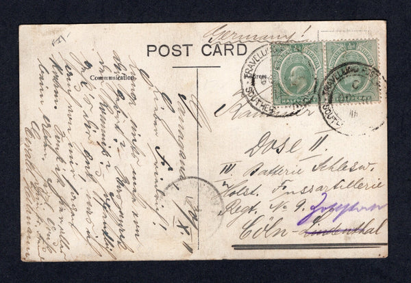 NIGERIA - SOUTHERN NIGERIA - 1911 - TRAVELLING POST OFFICES: Black & white PPC 'Native Clerks Quarters & Native Court' datelined 'Ganagana 30/ X. 11' (a small postal agency 35 miles from Forcados) and franked on message side with pair 1907 ½d grey green EVII issue (SG 33) tied by two strikes of TRAVELLING POST OFFICE 'C' SOUTHERN NIGERIA cds of the Forcados - Idah line. Addressed to GERMANY. Very scarce.  (NIG/41096)