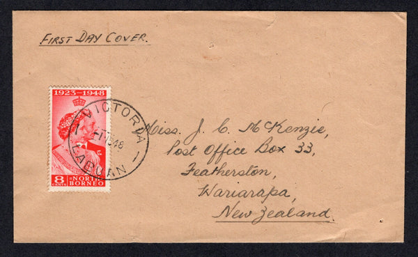 NORTH BORNEO - 1948 - CANCELLATION: Cover with manuscript 'First Day Cover' at top franked with 1948 8c scarlet GVI 'Silver Wedding' issue (SG 350) tied by VICTORIA LABUAN cds dated 1 NOV 1948. Addressed to NEW ZEALAND.  (NRB/41418)