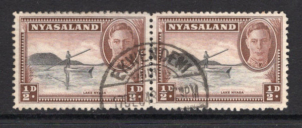 NYASALAND - 1945 - CANCELLATION: ½d black & chocolate GVI issue, a fine used pair with good strike of EKEWENDENI cds dated 17 DEC 1948. (SG 144)  (NYA/25960)