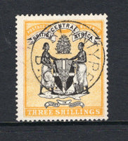 NYASALAND - 1895 - BRITISH CENTRAL AFRICA: 3/- black & yellow 'Arms of the Protectorate' issue, no watermark. A fine used copy with central BLANTYRE cds. (SG 27)  (NYA/38074)