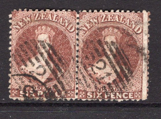 NEW ZEALAND - 1864 - CLASSIC ISSUES & CANCELLATION: 6d red brown 'Chalon' issue perf 12½ at Auckland. A fine used pair with two strikes of Barred Numeral '21' cancel in black of HOKITIKA. (SG 122)  (NZL/14774)