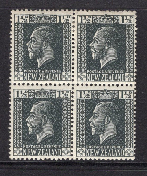 NEW ZEALAND - 1915 - MULTIPLE: 1½d slate GV issue on 'De La Rue' chalk surfaced paper with toned gum, a fine mint block of four. (SG 437)  (NZL/14789)