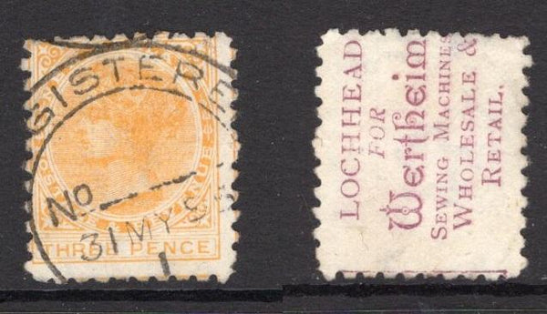 NEW ZEALAND - 1891 - ADVERTISING STAMPS: 3d pale orange yellow QV issue, perf 10 with 'Lochhead for Wertheim Sewing Machines Wholesale & Retail' ADVERT in brown red on reverse. Fine used. (SG 221d)  (NZL/14809)