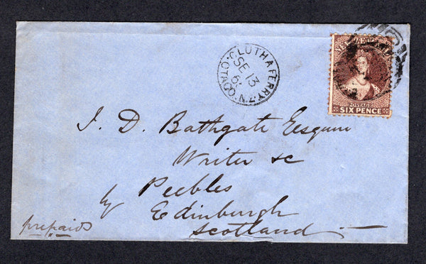 NEW ZEALAND - 1865 - CLASSIC ISSUES: Cover franked with single 1864 6d red brown 'Chalon' issue (SG 122) tied by barred 'OTAGO' cancel in black with fine CLUTHA FERRY OTAGO cds alongside. Addressed to UK with DUNEDIN transit cds on reverse. This P.O. was only open between 1858 and 1865 and the cancel is unrecorded by Wooders. An exceptional rarity.  (NZL/21735)