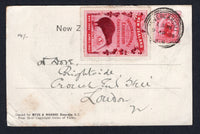 NEW ZEALAND - 1906 - CINDERELLA: Black & white PPC 'Buller Gorge - The Cave' franked on message side with 1901 1d carmine 'Universal' issue (SG 278) with lovely 1906 3d bright red NEW ZEALAND INTERANTIONAL EXHIBITION CHRISTCHURCH NOV 1906-APRIL 1907 'Kiwi' cinderella label alongside both tied by INVERCARGILL cds dated 9 APR 1906. Addressed to UK. Card has a couple of creases on lower left corner otherwise very attractive.  (NZL/21742)