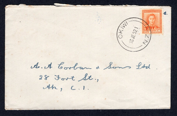 NEW ZEALAND - 1952 - CANCELLATION: Cover franked with single 1947 2d orange GVI issue (SG 680) tied by fine OKIWI cds. Addressed to AUCKLAND.  (NZL/21745)