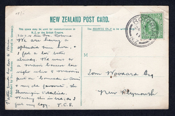 NEW ZEALAND - 1911 - CANCELLATION & VOLCANO POSTCARD: Black & white PPC 'Waimangu Geyser, Rotorua' showing Volcano erupting franked on message side with 1909 ½d yellow green (SG 387) tied by fine ROTORUA 'Bullet' cancel. Addressed to NEW PLYMOUTH.  (NZL/21747)
