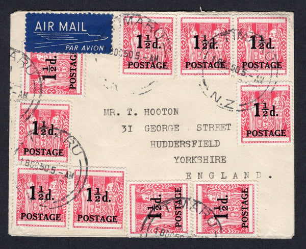 NEW ZEALAND - 1950 - PROVISIONAL ISSUE: Cover franked with 10 x 1950 1½d carmine overprint on 'Postal Fiscal' issue (SG 700) tied by TIMARU cds's. Sent airmail to UK. A nice franking.  (NZL/21757)