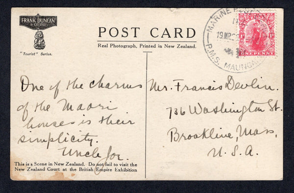 NEW ZEALAND - 1925 - MARITIME: Real photographic PPC 'Maori Whare' franked on message side with 1908 1d carmine 'Universal' issue (SG 386) tied by good strike of MARINE POST OFFICE N.Z. R.M.S. MAUNGANUI cds. Addressed to USA.  (NZL/21766)