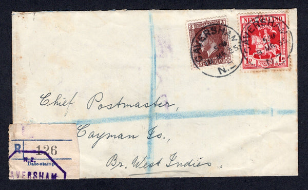 NEW ZEALAND - 1935 - DESTINATION: Registered cover franked with 1915 3d chocolate GV issue and 1934 1d carmine 'Health' issue (SG 449 & 555, stamps have a little toning around perfs) tied by CAVERSHAM cds's dated 18 MAR 1935 with registration label alongside. Addressed to the CAYMAN ISLANDS with various transit marks on reverse plus GEORGETOWN CAYMAN ISLANDS arrival cds.  (NZL/31861)