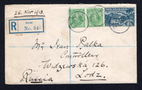 NEW ZEALAND - 1913 - REGISTRATION & DESTINATION: Registered cover franked with 1902 2½d deep blue and 1909 pair ½d yellow green (SG 320a & 387) tied by WAIHI cds's dated 29 NOV 1913 with printed blue & white 'Waihi' registration label alongside. Addressed to RUSSIA with transit and arrival marks on reverse.  (NZL/31994)