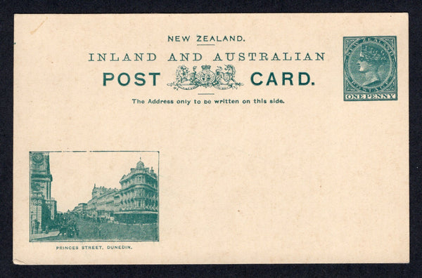 NEW ZEALAND - 1899 - POSTAL STATIONERY: 1d deep greyish green QV postal stationery viewcard (H&G 10) with view of 'Prince Street, Dunedin'. Fine unused.  (NZL/32311)