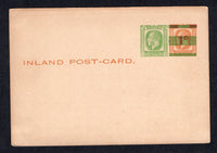NEW ZEALAND - 1924 - POSTAL STATIONERY: ½d green on 1d red on 1½d yellow brown on cream GV postal stationery card (H&G 29) with new ½d stamp impression and original 1d on 1½d stamp impression overprinted with green bars. Fine unused and very scarce.  (NZL/34665)