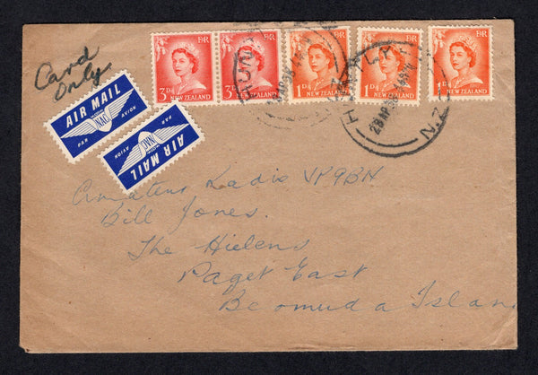 NEW ZEALAND - 1958 - DESTINATION: Cover franked with 1955 3 x 1d orange and pair 3d vermilion QE2 issue (SG 745 & 748) tied by HUNTLY cds's dated 28 APR 1958. Sent airmail to PAGET EAST, BERMUDA.  (NZL/37543)