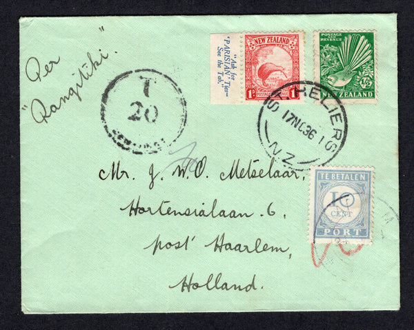 NEW ZEALAND - 1936 - BOOKLET STAMPS, ADVERTISING & POSTAGE DUE: Cover with manuscript 'Per Rangitiki' ship endorsement on front franked with 1935 ½d bright green and 1d scarlet BOOKLET issue with 'Ask for Parisian Ties. See the Tab' advert in margin (SG 556 & 557ca) tied by ST. HELIERS cds dated 7 NOV 1936. Taxed with circular 'T 20 CENTIMES' marking. Addressed to HOLLAND with added 1934 10c ultramarine 'Postage Due' issue (SG D450) applied on arrival tied by HAARLEM cds.  (NZL/38081)