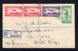 NEW ZEALAND - 1936 - REGISTRATION & DESTINATION: Registered cover franked with 1935 pair 1d carmine and 3d violet AIR issue and 1936 ½d + ½d green ANZAC 'Charity' issue (SG 570/571 & 591) tied by WANGANUI cds's dated 11 MAY 1936 with printed registration label alongside. Addressed to COSTA RICA with manuscript 'Via Panama' with CRISTOBAL C.Z. and BALBOA C.Z. transit cds's and SAN JOSE arrival cds on reverse.  (NZL/39569)
