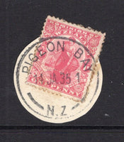 NEW ZEALAND - 1909 - CANCELLATION: 1d rose carmine 'Universal' issue tied on piece by fine strike of PIGEON BAY cds dated 14 JAN 1935. (SG 405)  (NZL/40083)