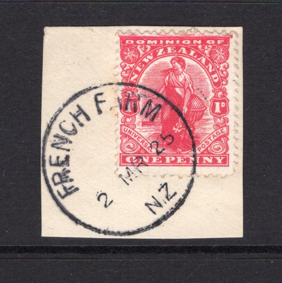 NEW ZEALAND - 1909 - CANCELLATION: 1d rose carmine 'Universal' issue tied on piece by fine strike of FRENCH FARM cds (Type B - rated scarcity 5 in Wooders) dated 2 MAR 1925. (SG 405)  (NZL/40084)