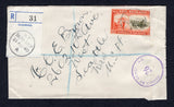 NEW ZEALAND - 1940 - REGISTRATION & CANCELLATION: Registered cover franked with single 1940 9d olive green & orange (SG 624) tied by light strike of SHERRY RIVER cds dated 21 AU 1940 with printed blue & black formular registration label with fine SHERRY RIVER cds alongside. Addressed to USA, censored with printed 'New Zealand' censor strip at right and transit and arrival cds's on reverse.  (NZL/40414)