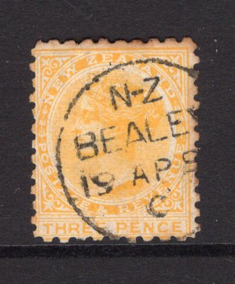 NEW ZEALAND - 1895 - CANCELLATION: 3d lemon yellow QV issue used with fine central strike of BEALEY cds (Type A - rated scarcity 6 in Wooders) dated during the 1890's. P.O. operated from 1866 - 1913 when it was closed. (SG 231)  (NZL/6715)