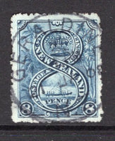 NEW ZEALAND - 1902 - CANCELLATION: 8d steel blue, perf 14, a superb used copy with complete central strike of GERALDINE cds (Type B) dated 21 JAN 1908. (SG 325)  (NZL/6731)