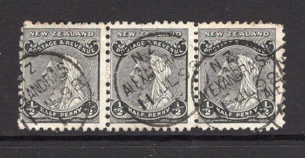 NEW ZEALAND - 1898 - CANCELLATION: ½d black QV issue strip of three superb used with three strikes of ALEXANDRA S (OUTH) cds (Type A) dated 11 JUL 1898. P.O. operated from 1881 - 1914. (SG 236)  (NZL/6732)