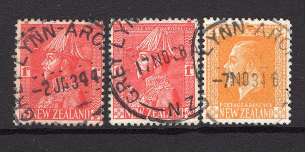 NEW ZEALAND - 1928 - CANCELLATION: 1d rose carmine 'Admiral' issue two copies plus 2d yellow GV issue all used with good part strikes of GREY LYNN - ARCH HILL cds (Type J - rated scarcity 5 in Wooders) dated between 1928 - 1934. P.O. operated from 1905 - 1939 when it was closed. (SG 468 & 448)  (NZL/6734)
