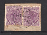 NEW ZEALAND - 1900 - CANCELLATION: 2d mauve QV issue pair on small piece tied by fine strike of ISLAND BLOCK cds (Type A - rated scarcity 5 in Wooders) dated 15 OCT 1900. This was the P.O. for the Gold mine and operated from 1893 - 1942 when it closed. Scarce early strike (SG 238)  (NZL/6735)